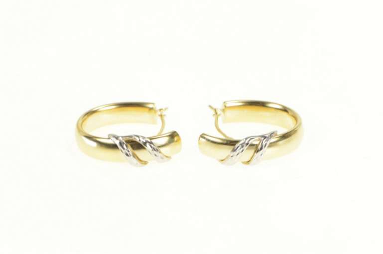 14K Yellow Gold Two Tone Bar Design Oval Statement Hoop Earrings