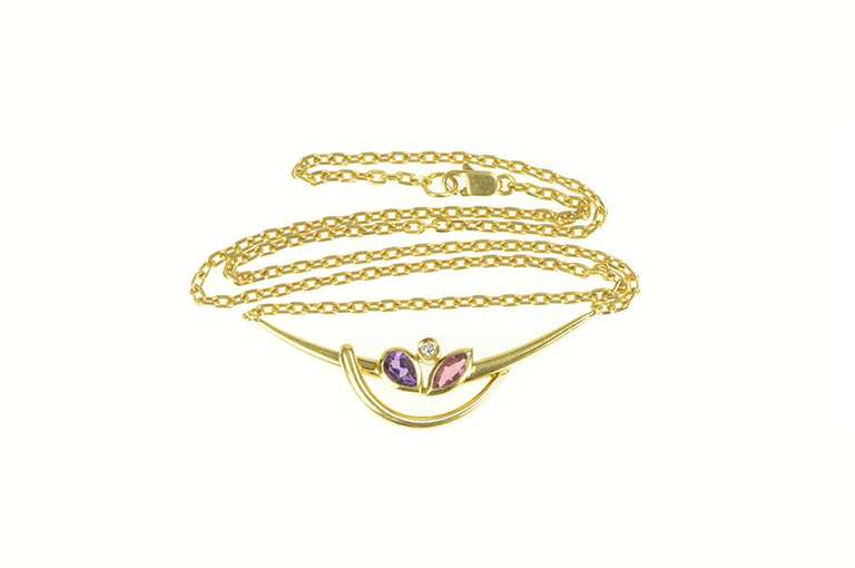 18K Yellow Gold Amethyst Tourmaline Diamond Curved Bar Necklace