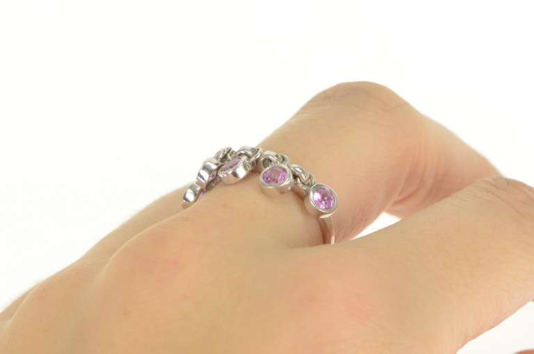 10K White Gold Pink Topaz Fringe Tassel Charm Band Ring