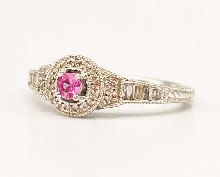 10kt Solid White Gold, Pink Sapphire, & Diamond Ring