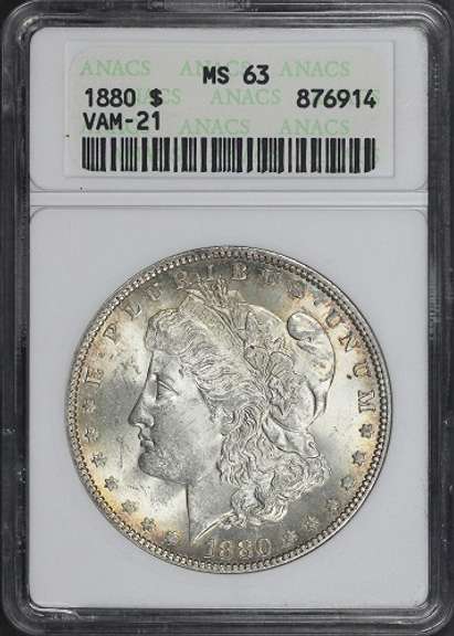 Exceptional BU 1880P Mint Morgan Old ANACS Holder MS 63 VAM 21 Double Date!