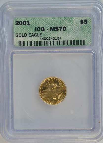 Flawless Gem BU 2001 $5 American Gold Eagle. ICG MS70