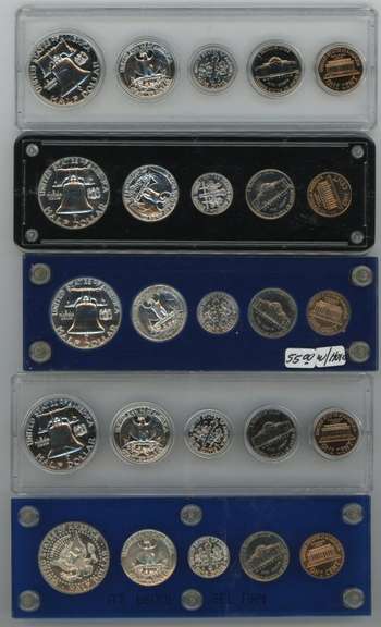 5 Diff. US Silver Proof Sets in custom holders 1959-1964