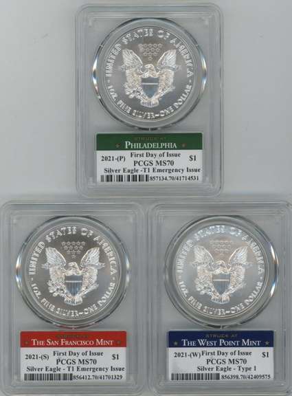 Special 1st Day 2021 PCGS MS70 3-pc Reagan Legacy Silver Eagle Set