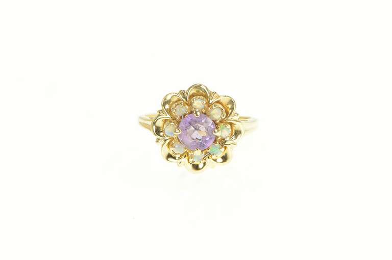 14K Yellow Gold Amethyst Opal Halo 1960's Floral Cocktail Ring