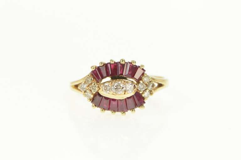 14K Yellow Gold 1.83 Ctw Diamond Baguette Ruby Halo Vintage Ring