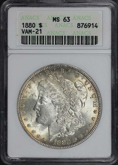 Exceptional BU 1880P Mint Morgan Old ANACS Holder MS 63 VAM 21 Double Date!