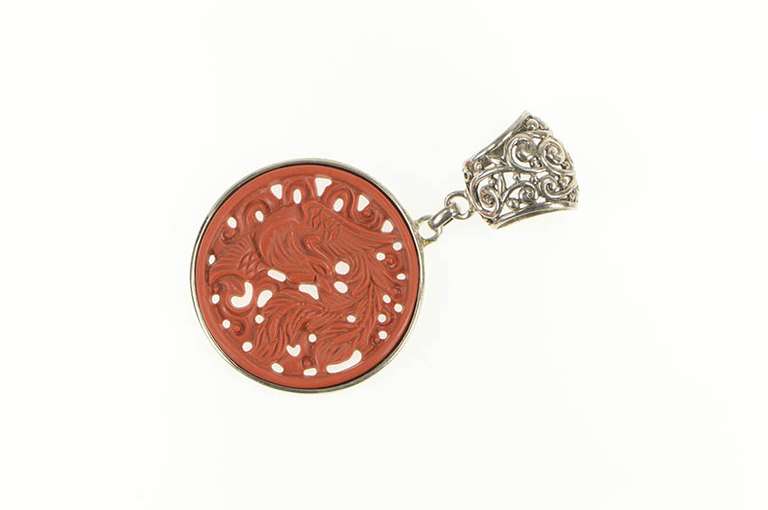 Sterling Silver Carved Cinnabar Phoenix Filigree Medallion Pendant