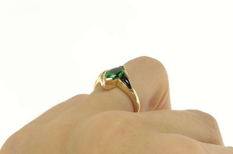 14K Yellow Gold Marquise Syn. Emerald Onyx Diamond Statement Ring