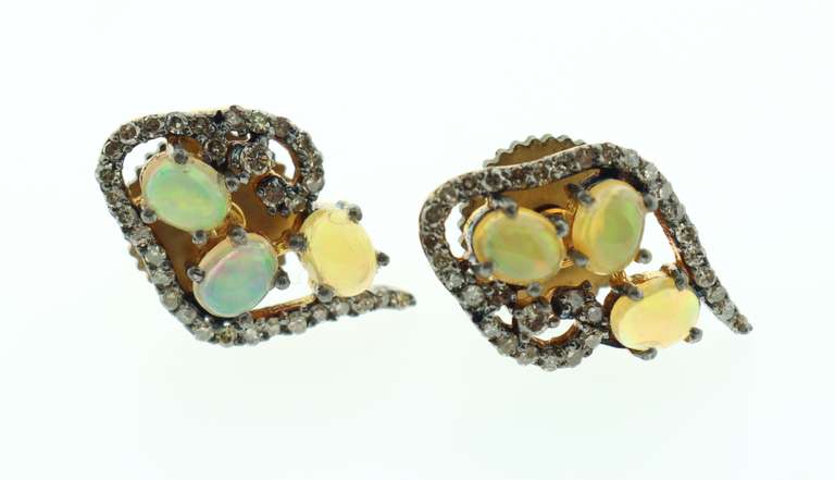 Exotic Diamond Bordered Opal Triplet Earrings with Gold Plated Silver
