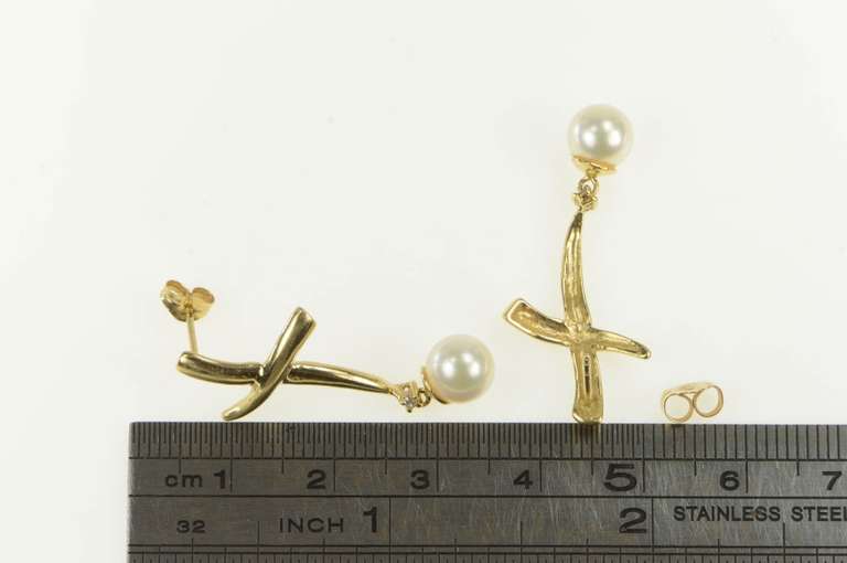 14K Yellow Gold Pearl Diamond X Criss Cross Dangle Designer Earrings