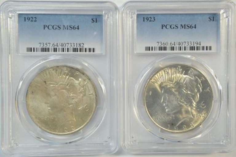 Near Gem BU 1922 & 1923 Peace Silver Dollars. PCGS MS64