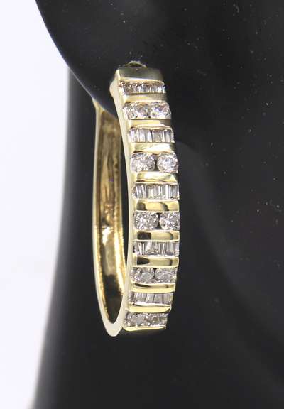 Charming Yellow Gold Round 7 Baguette Diamond Hoop Earrings