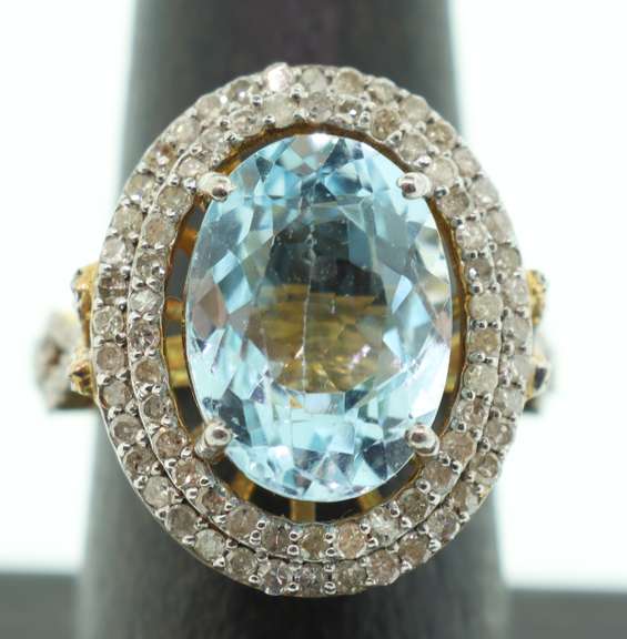 Gentle Blue Topaz Ring with Gold Plated Silver and Diamond Accents