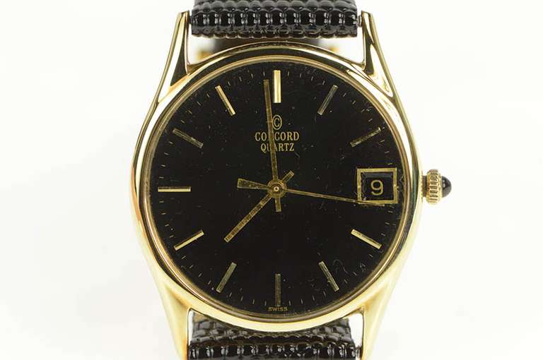 14K Concord Quartz Date Leather Band Vintage Men's Watch