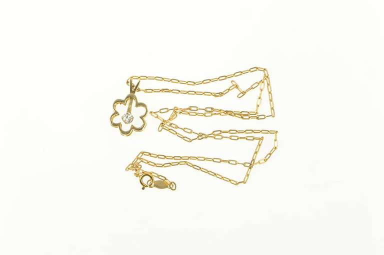 14K Yellow Gold Diamond Flower Paperclip Link Daisy Chain Necklace