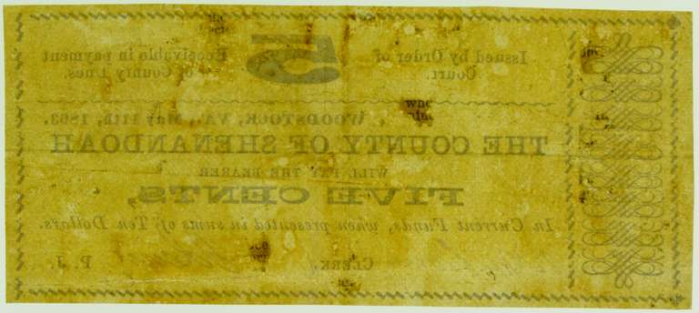 1863 The County of Shenandoah Woodstock, VA May 11th, Five Cents