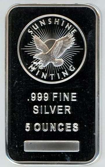 Sunshine Mint 5 Troy Ouces pure .999 fine silver bar in plastic