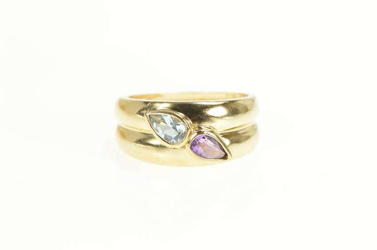 14K Yellow Gold Amethyst Blue Topaz Pear Graduated Statement Ring
