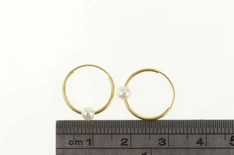 10K Yellow Gold Pearl Beaded 14.0mm Round Huggies Hoop Earrings