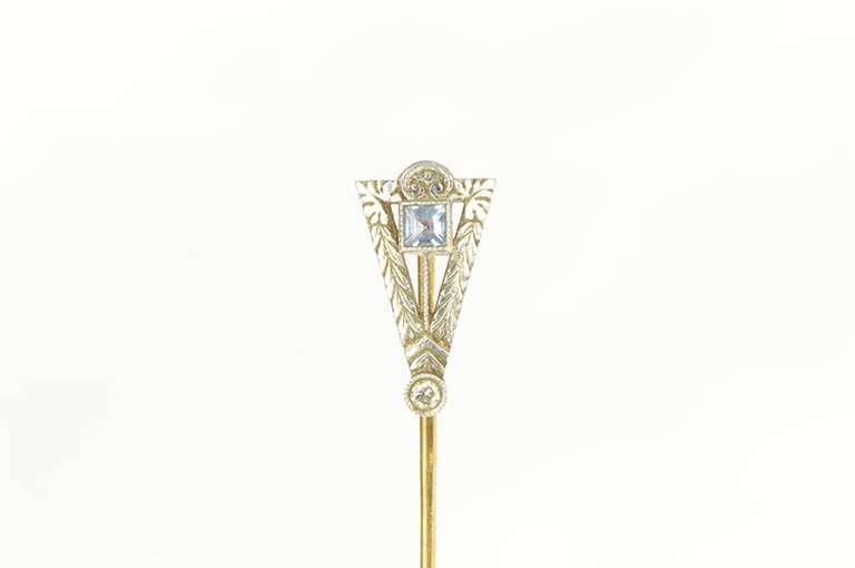 14K Yellow Gold Art Deco Filigree Diamond Syn. Sapphire Stick Pin
