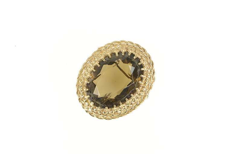14K Yellow Gold Smoky Quartz Scalloped Ornate Filigree Halo Pin/Brooch