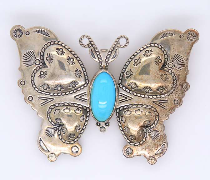 Vintage 925 Sterling Silver Signed Turquoise Butterfly Pendant Brooch