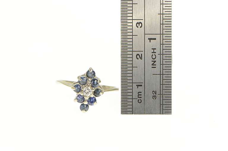 14K White Gold Squared Sapphire Diamond Halo Cluster Ring