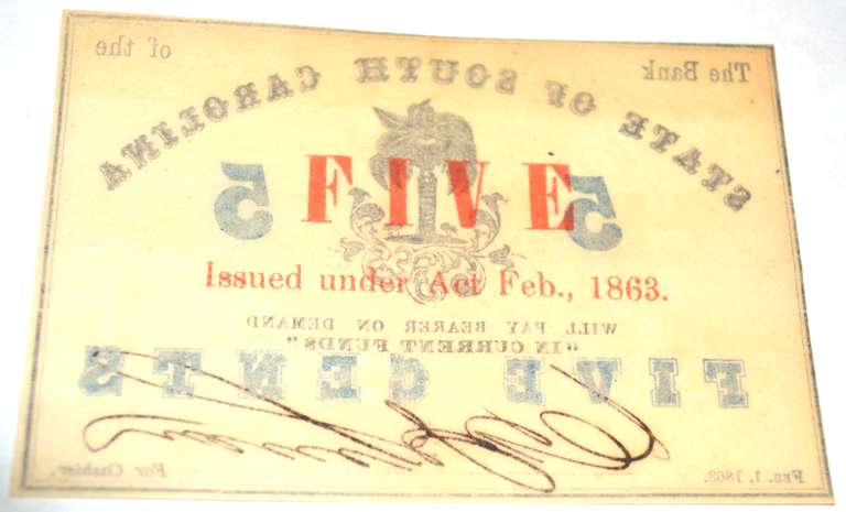 W T &Co Watermarked 5 Cent South Carolina Feb 1 1863 Note