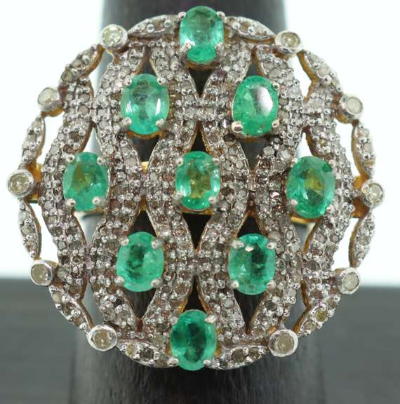 Elaborate Diamond Weaved Emerald Pattern Ring with Gold Plated Silver