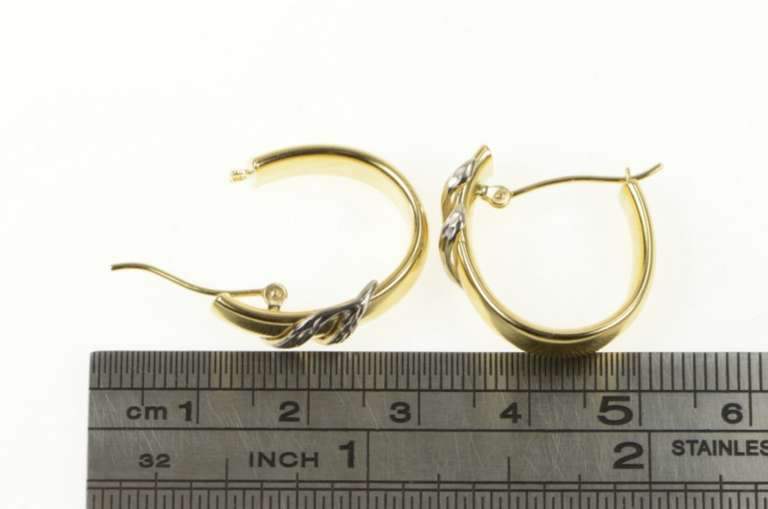 14K Yellow Gold Two Tone Bar Design Oval Statement Hoop Earrings