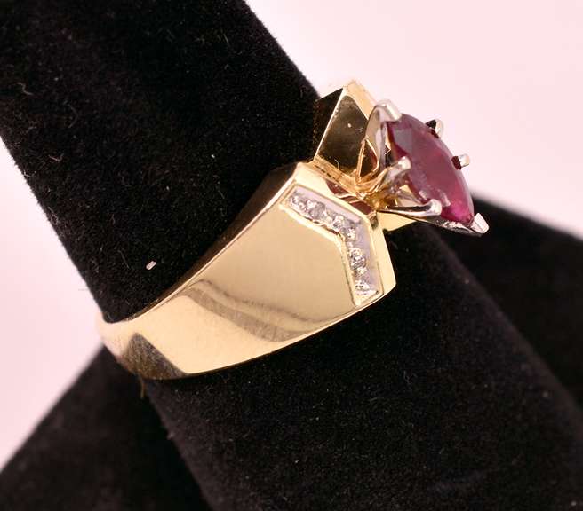 Lovely Marquise Cut Ruby and Diamond Ring in 14K Yellow Gold
