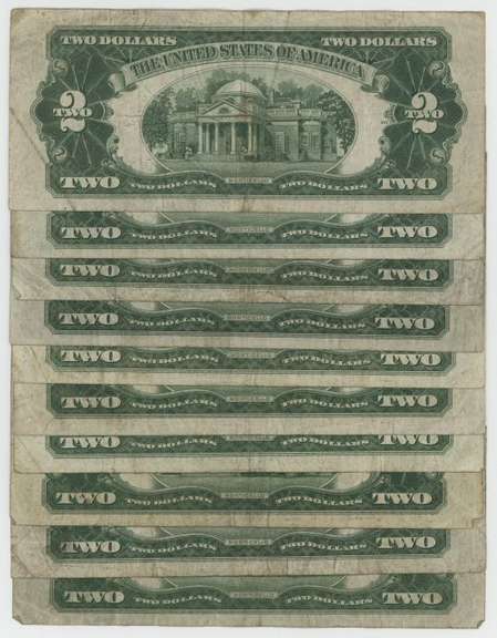 10 Series of 1928 Small size $2 Red Seal Notes in circ