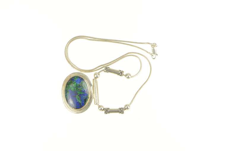 Sterling Silver Malachite Included Lapis Oval Cabochon Necklace