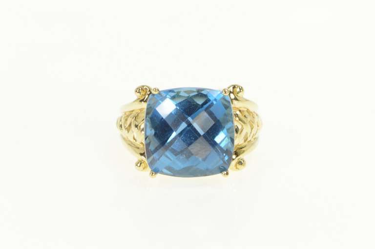 14K Yellow Gold Cushion Faceted Blue Topaz Cocktail Statement Ring
