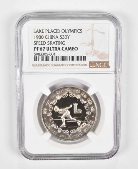 PF67UCAM 1980 China 30 Yuan Silver Coin Lake Placid Olympic Skate NGC