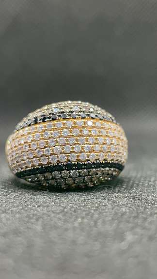 18K TWO TONE DOME RIGHT HAND RING WITH 4.50 CARATS T.W. OF BLACK AND WHITE DIAMONDS
