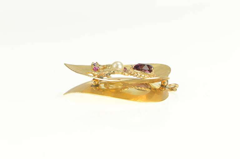 14K Yellow Gold 1960's Love Birds Pearl Amethyst Heart Charm/Pendant