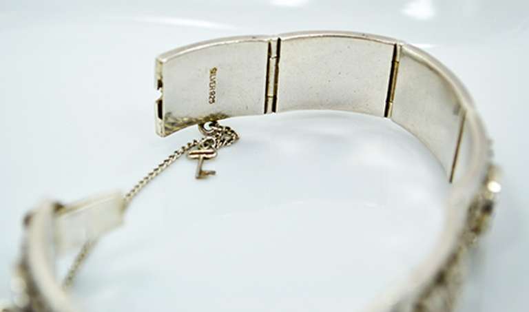 Vintage 925 Silver Panel Link Bracelet With Chinese Symbols, Box Clasp, Safety Chain, and Two Little Charms