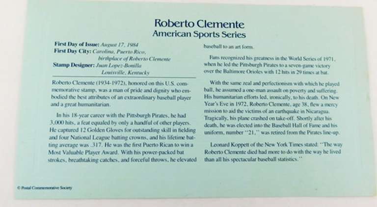 Roberto Clements 1984 1st Day Issue & 22KT Stamp
