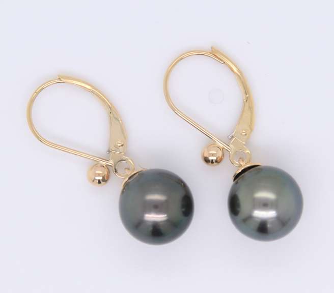 Gorgeous Yellow Gold Tahitian Black Pearl Dangle Earrings