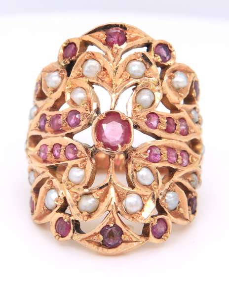 Wonderful Yellow Gold Indian Style Ruby and Diamond Wide Ring