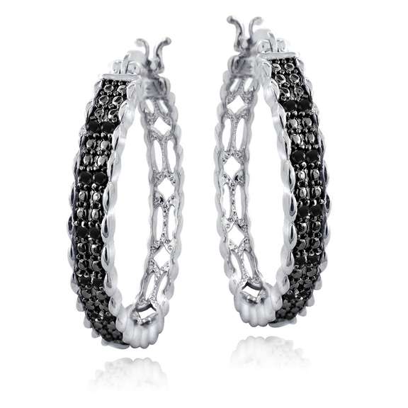 Silver Tone Black Diamond Hoop Earrings