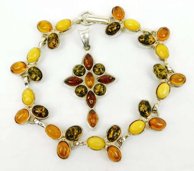 Sterling Amber Cabochon Cross & Bracelet
