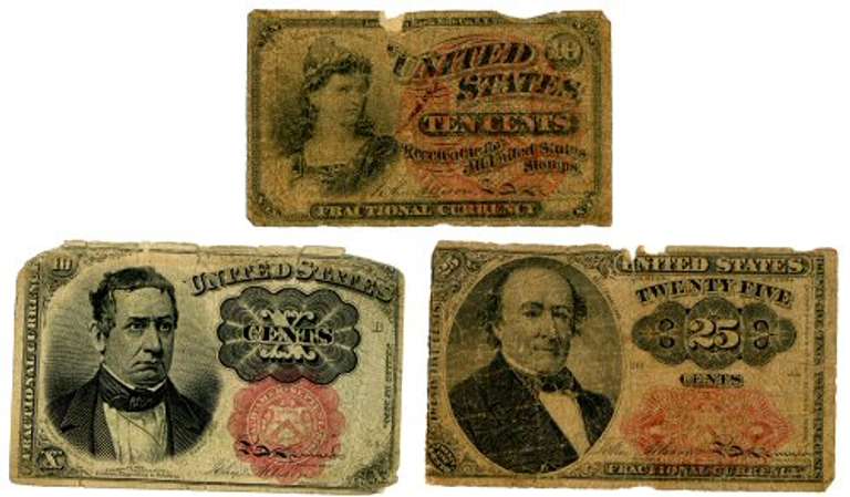 Three Fractional Currency Notes, 4th Issue 10 Cents, 5th Issue 10 Cents, & 5th Issue 25 Cents