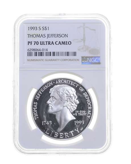 PF70UCAM 1993-S Jefferson Architect Of Democracy Commem. Silver $1 NGC