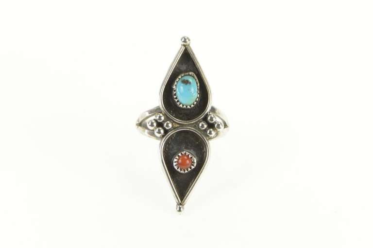 Sterling Silver Southwestern Turquoise Coral Ornate Ring