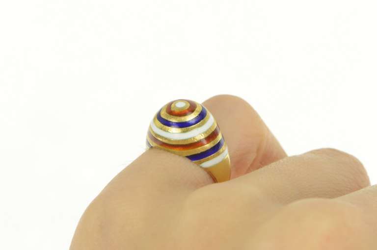 18K Yellow Gold Red White Blue Enamel Target Domed Circle Ring