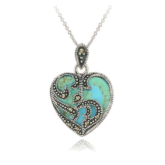 Marcasite & Turquoise Heart Pendant in Sterling Silver