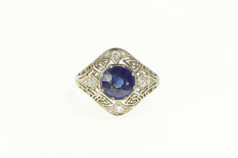 18K White Gold Art Deco Filigree Syn. Sapphire Diamond Ring